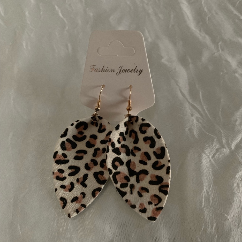 White Animal Print Leather Drop Earrings - Picture 2 of 7
